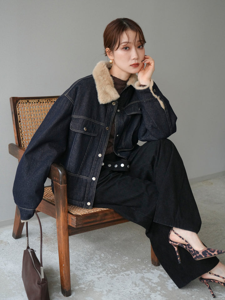 [予約]デニム×ファーステンカラーショートジャケット/indigo