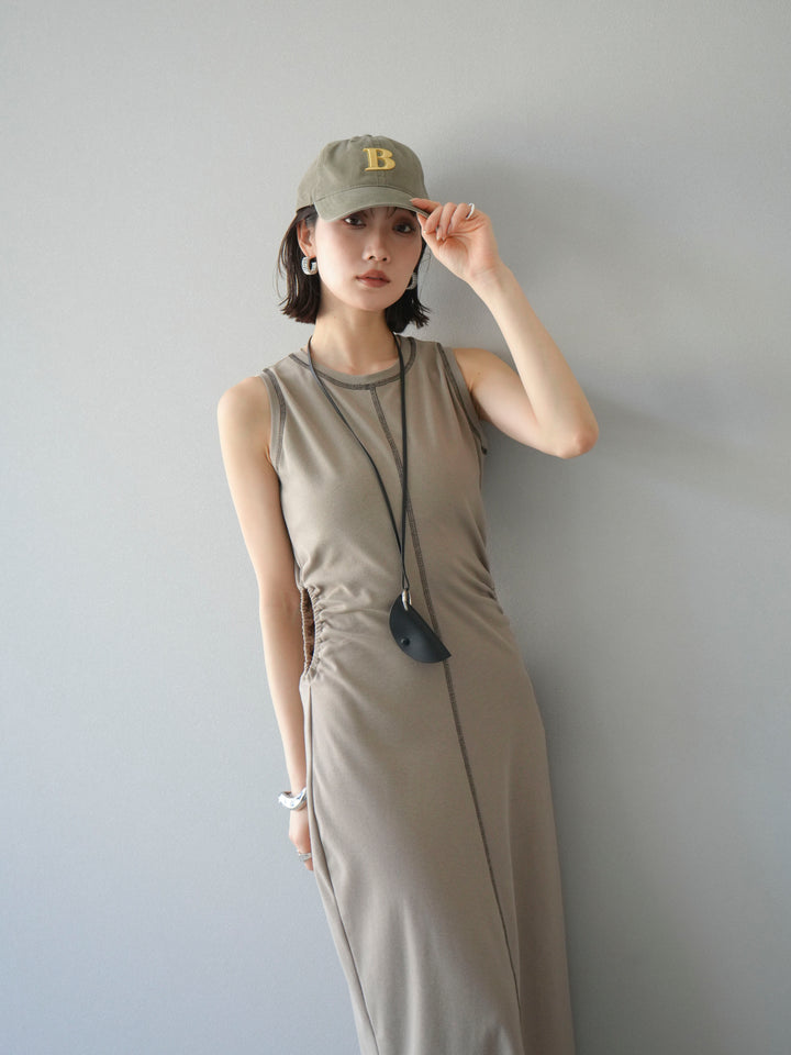 [予約]ウエストオープンステッチカットワンピース/ベージュ