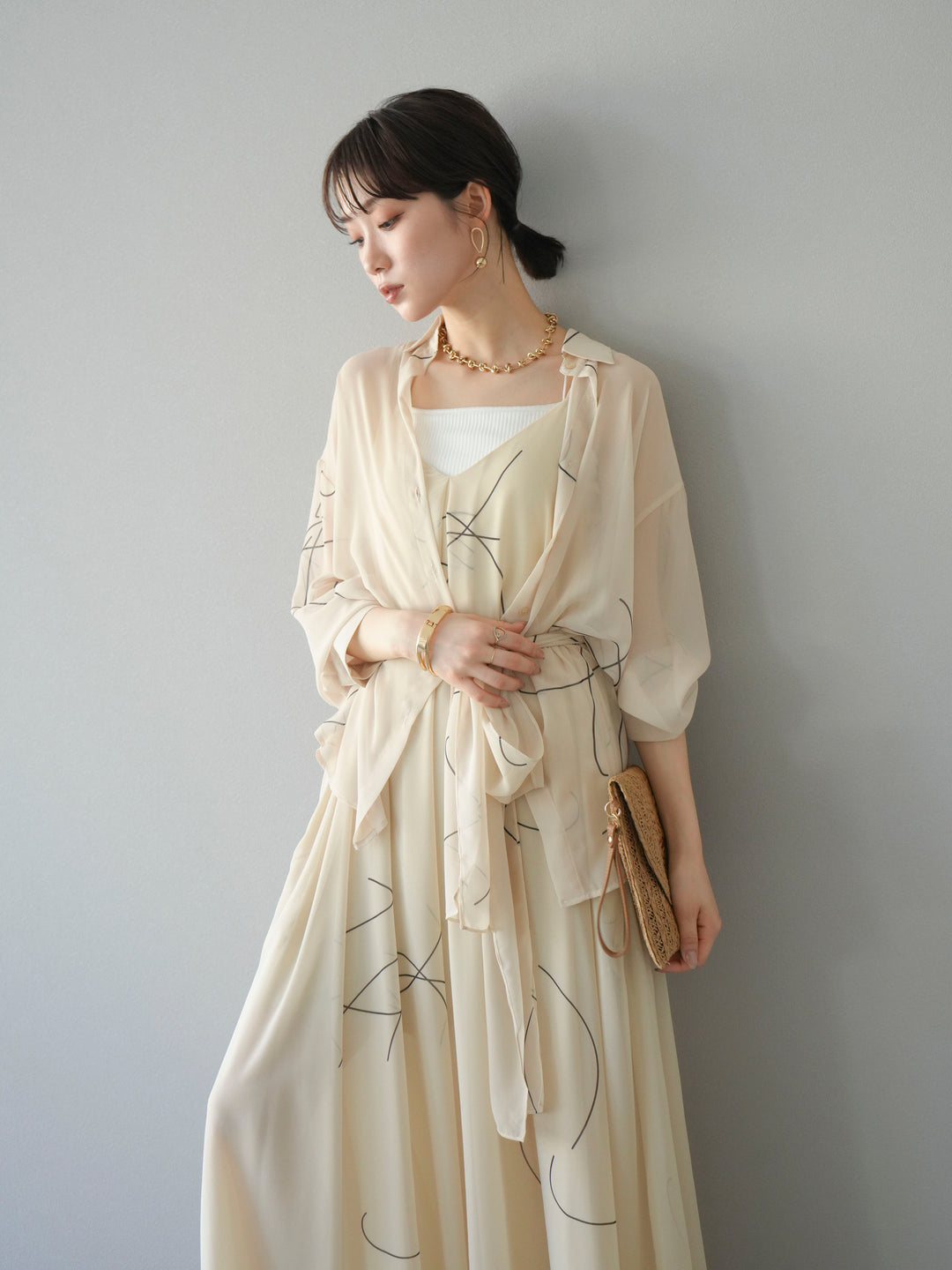 [SET]ペンタッチシフォンキャミワンピース+ペンタッチシフォンシャツ(2set)