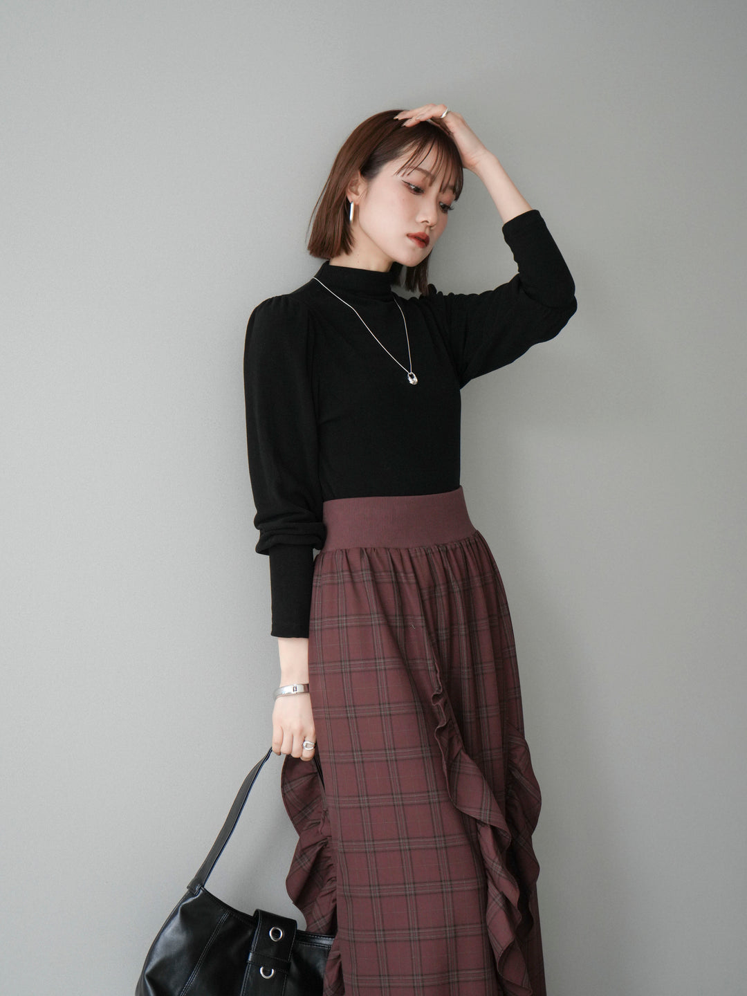 [予約]プチネックパワーショルダー起毛トップス/black