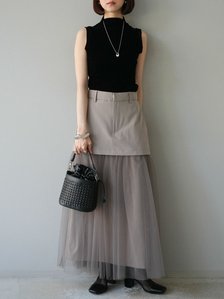 [予約]ストライプ切替チュールスカート/ベージュ