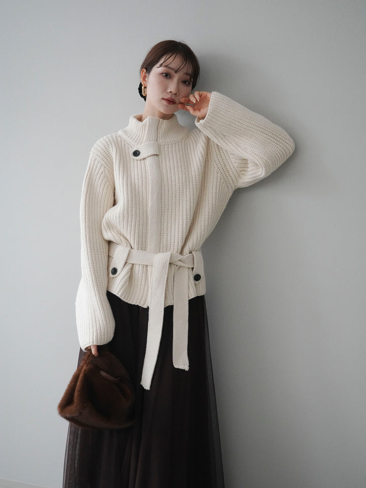 [予約]畦編みボトルネックZIPニットカーディガン/white