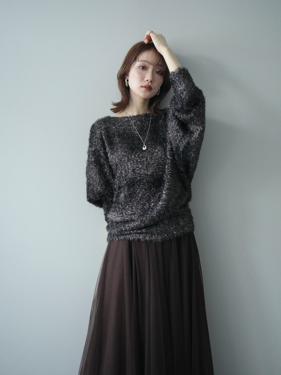 [予約]ラメシャギードルマンニットプルオーバー/brown