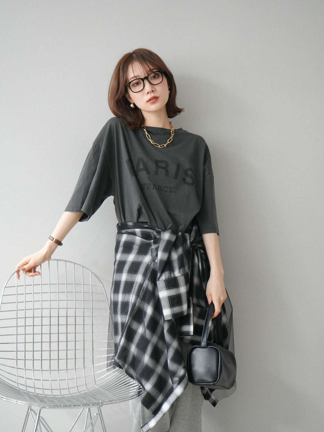 [SET]ピグメントロゴプリントTシャツ+2WAYデザインスウェットパンツ+チュールドッキングチェック柄オーバーサイズシャツ(3set)