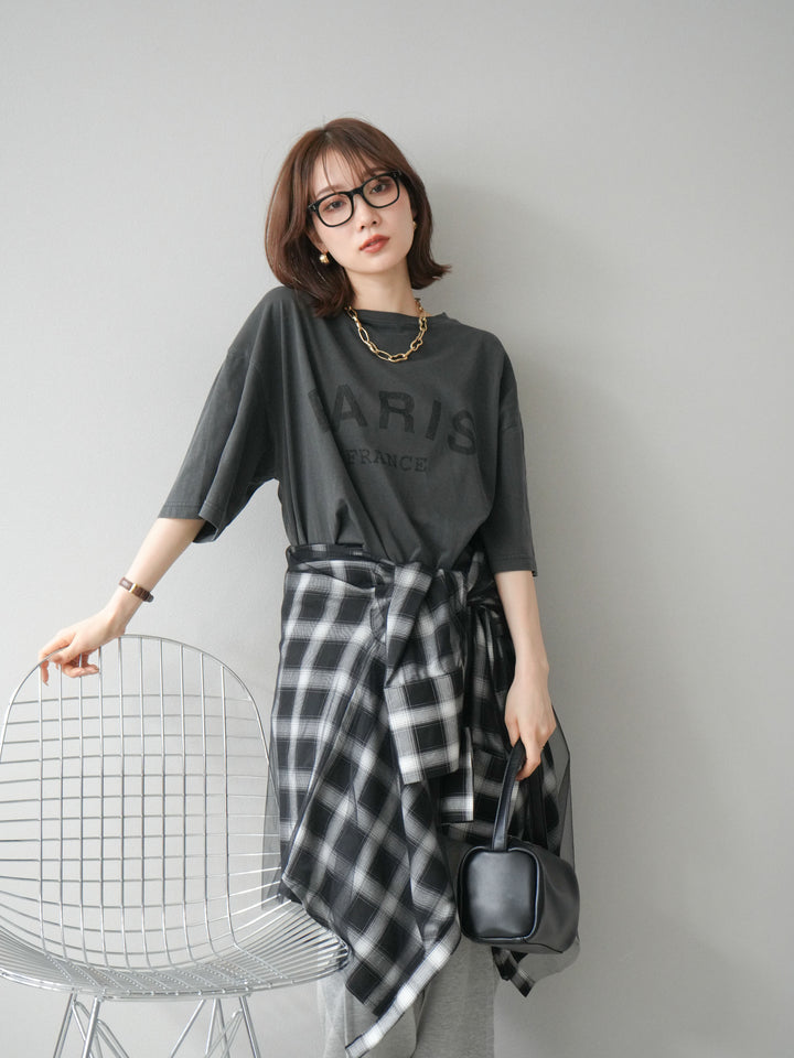 [SET]ピグメントロゴプリントTシャツ+2WAYデザインスウェットパンツ+チュールドッキングチェック柄オーバーサイズシャツ(3set)