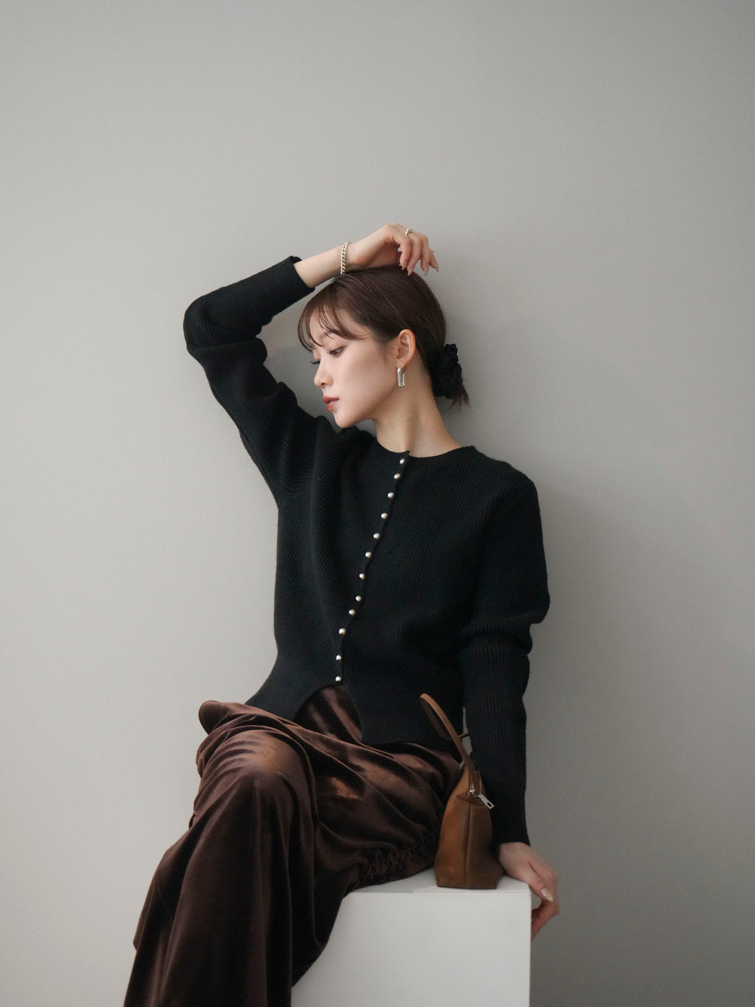 [予約]シルバーボタン畦編みニットカーディガン/black