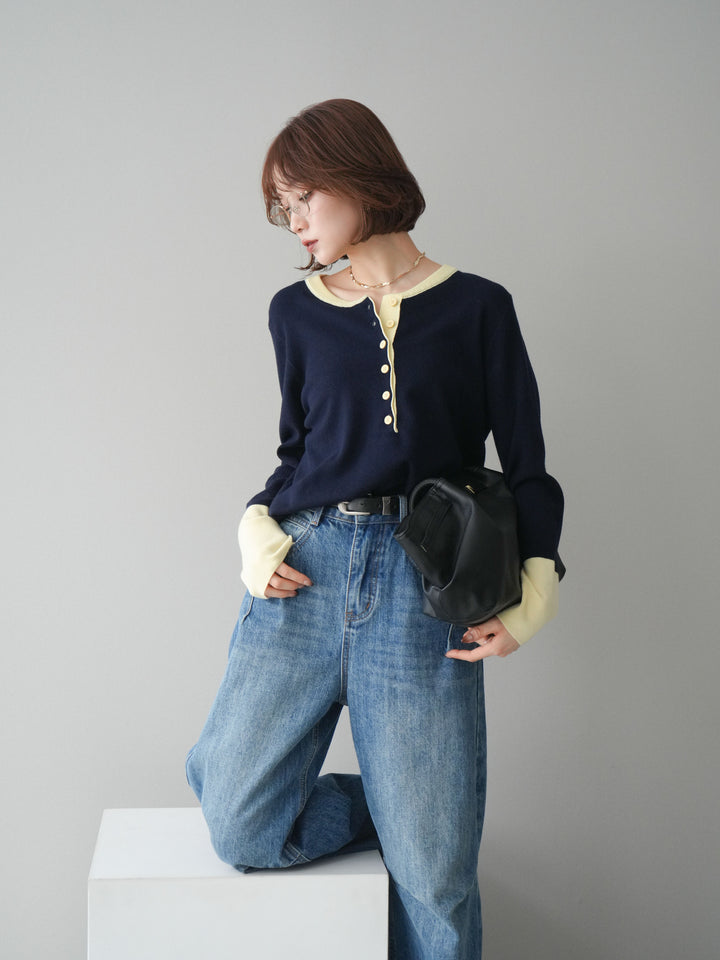 [SET]ヘンリーネック配色ニットソー+ベルト付3Dカーブワイドデニムパンツ(2set)