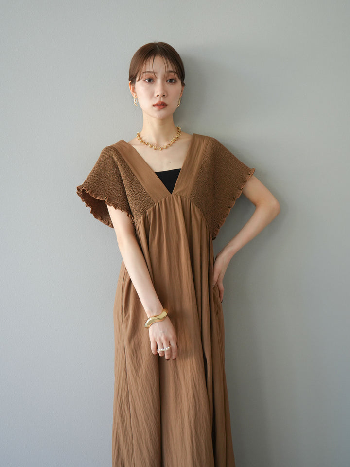 [SET] 褶皺V領連身裙 + 褶皺V領連身裙 (2件套)