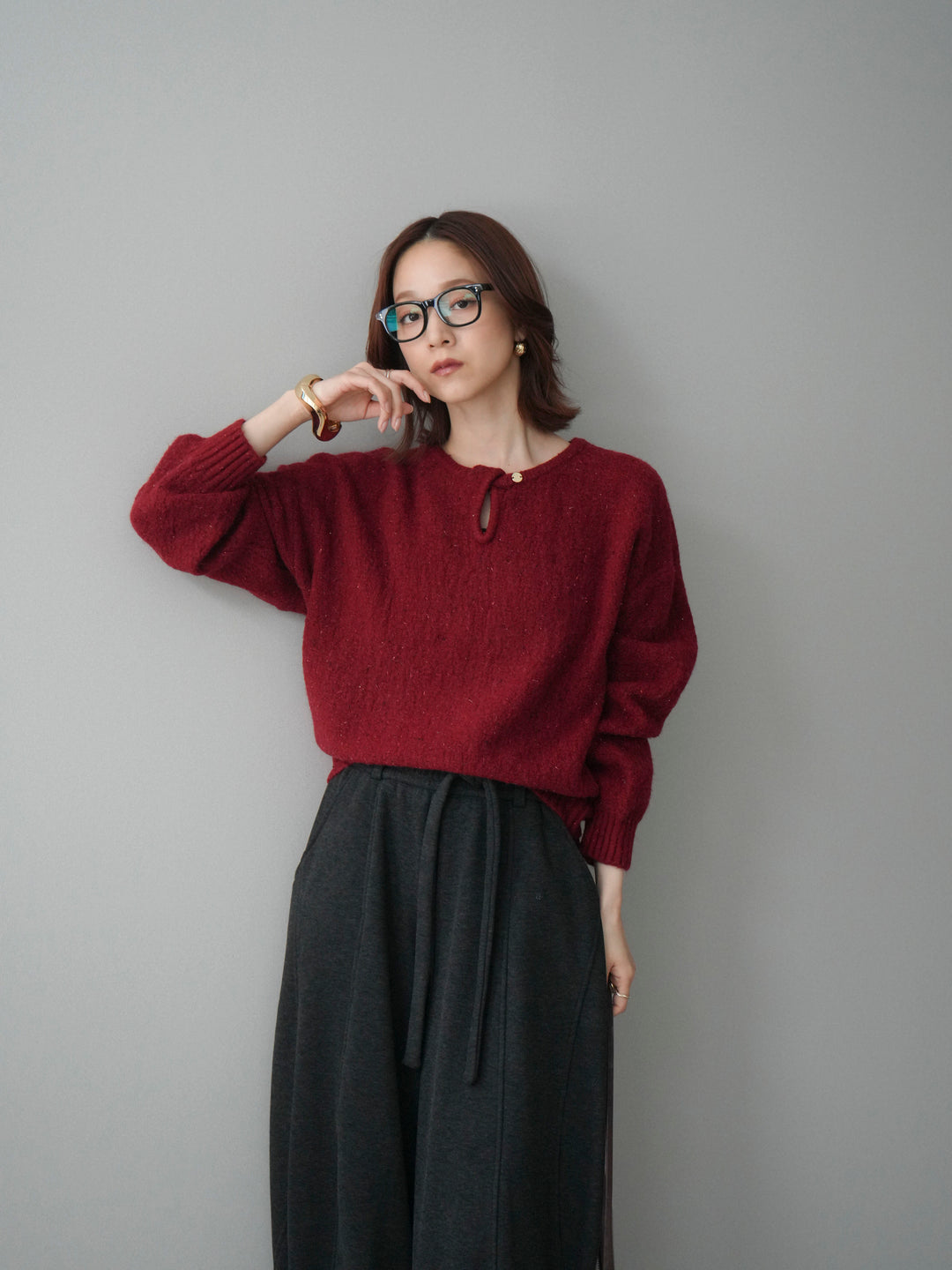 [予約]ツイストネックラメネップヤーンニットプルオーバー/red