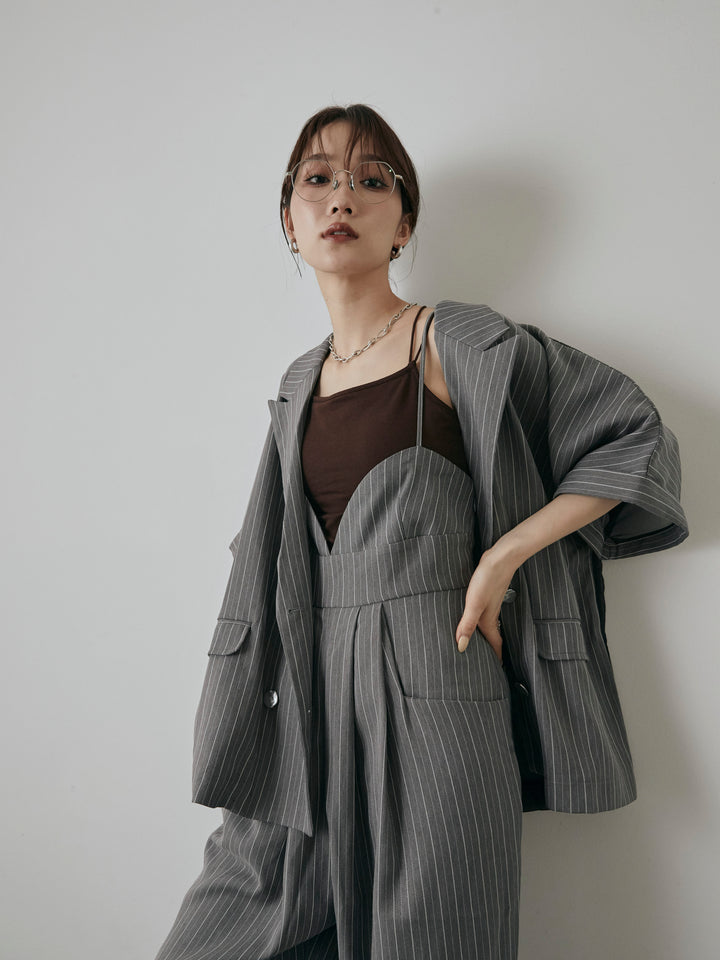 [予約]ヘリンボーンストライプサロペット/チャコール