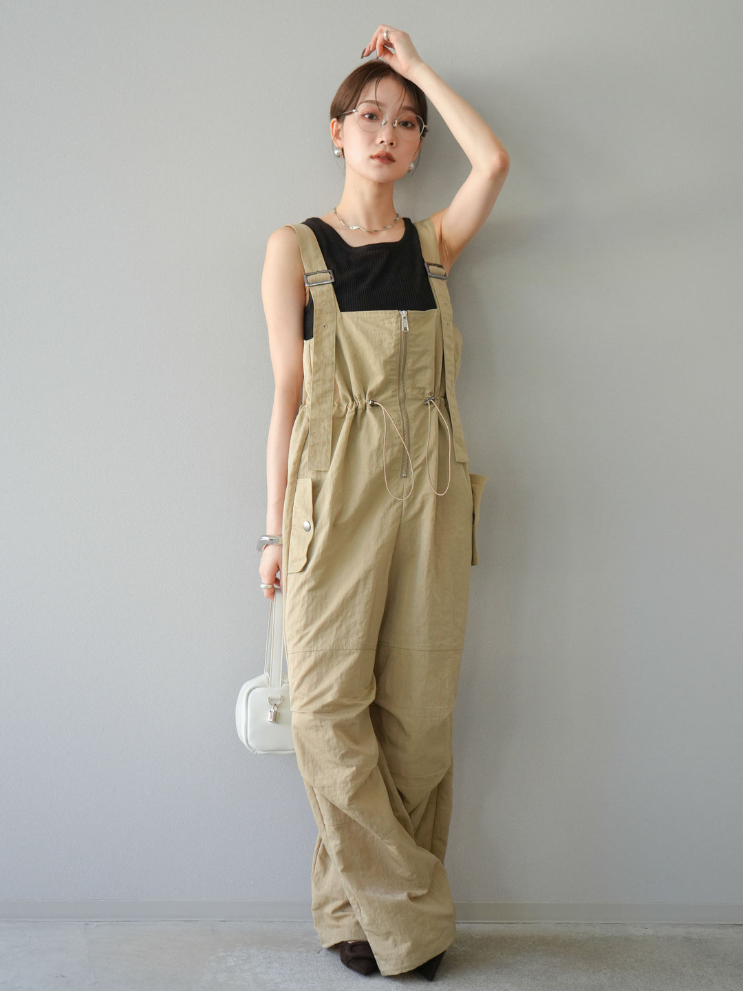 [予約]ナイロンタックデザインサロペット/ベージュ