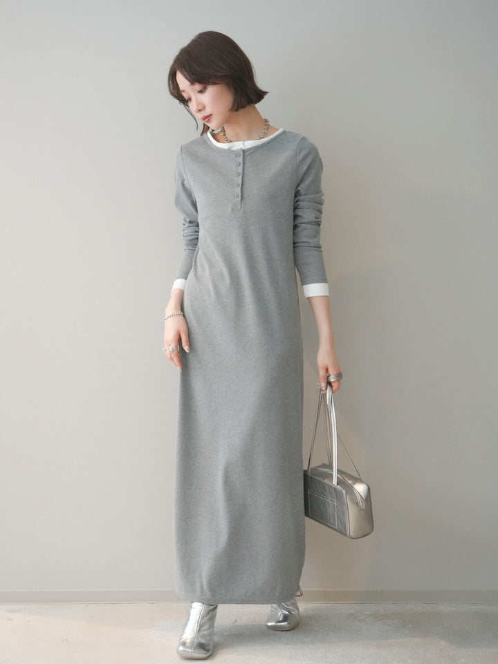 [SET]配色レイヤードヘンリーネックカットリブワンピース+選べるアクセセット(2set)