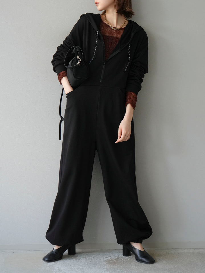 [予約]ミニ裏毛フーディージャンプスーツ/ブラック