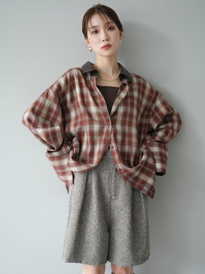 【着回しセット】[SET]レザー襟オンブレチェックオーバーシャツ +クラッシュベロアナロースカート+ツイードハーフパンツ(3set)