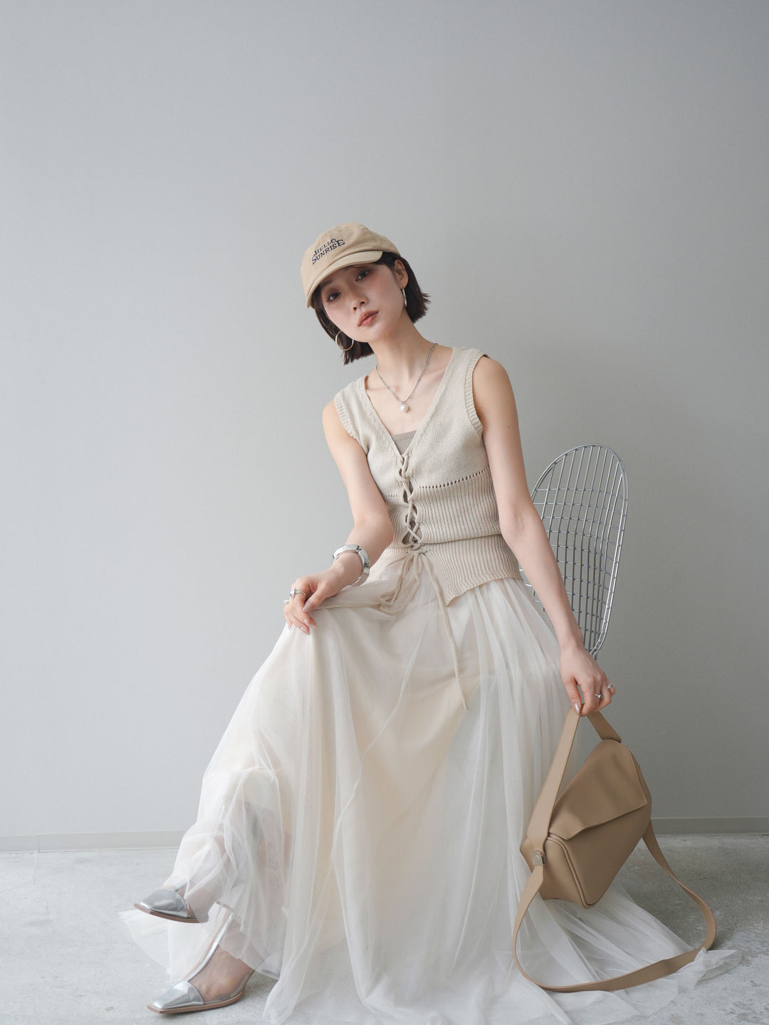 [予約]レースアップリブニットタンクトップ/beige
