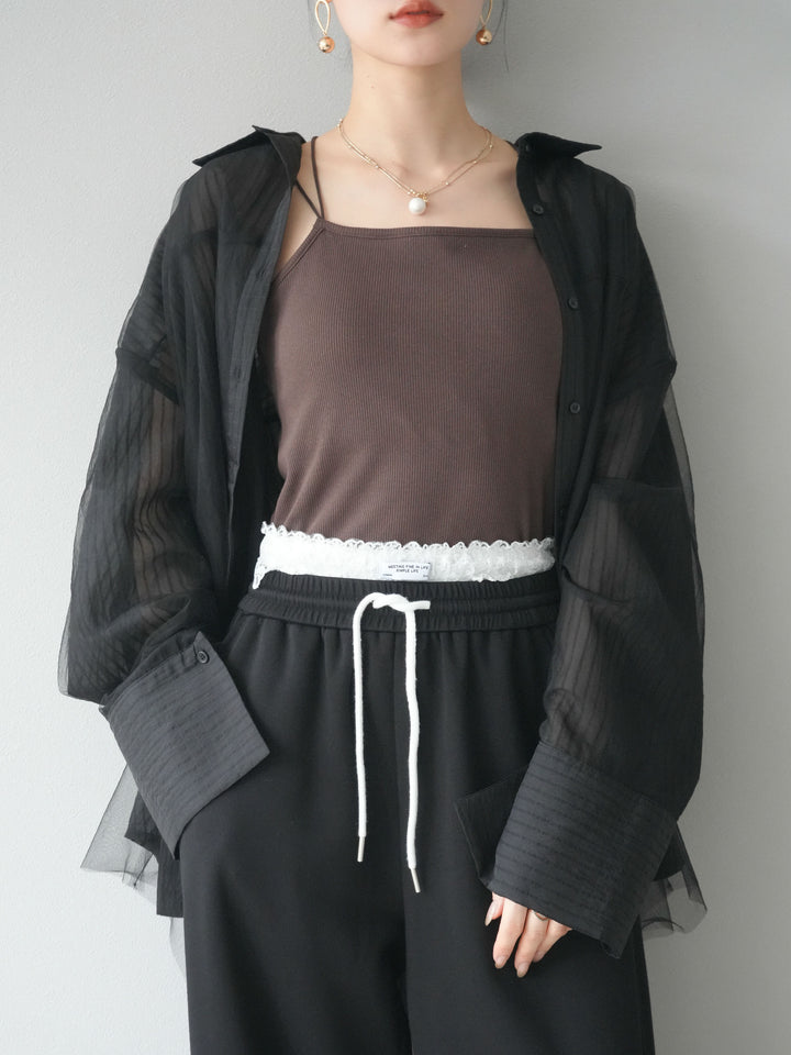 【預購】薄紗對接透視條紋大袖口oversized襯衫/黑色