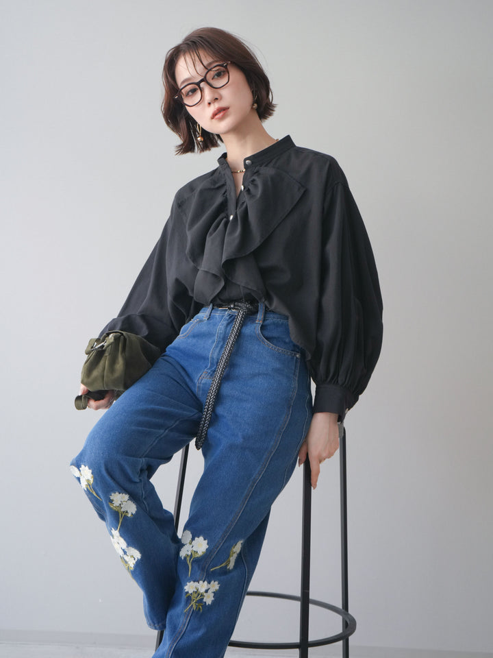 [SET]ラッフルフレアショートブラウス+フラワー刺繍ストレートデニム(2set)
