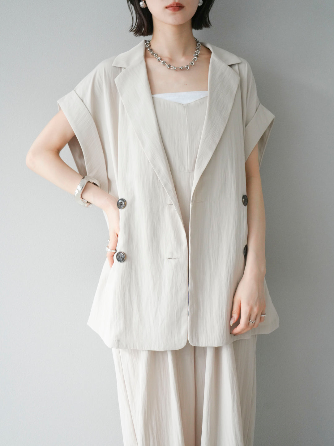 [予約]リネンライクビスチェデザインサロペット/エクリュ