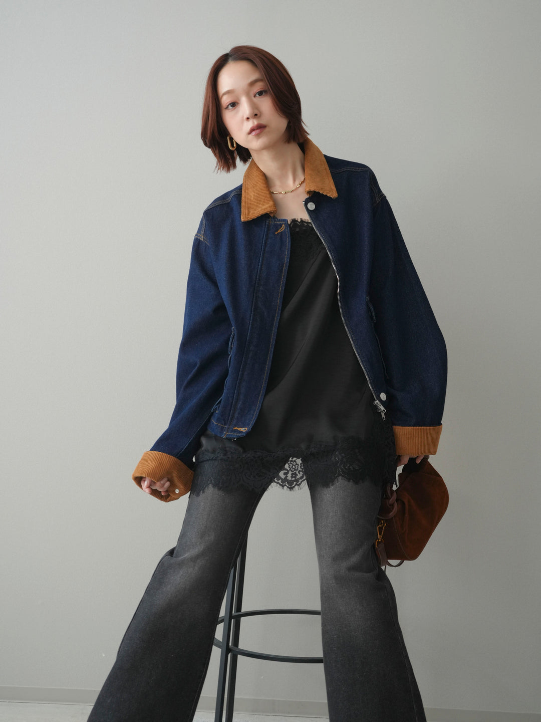 [予約]コーデュロイ×デニムショートカバーオール/indigo