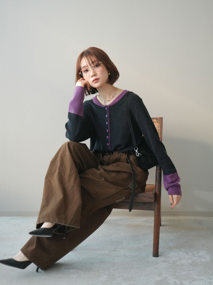 [SET]ヘンリーネック配色ニットソー+コットンタックループパンツ(2set)