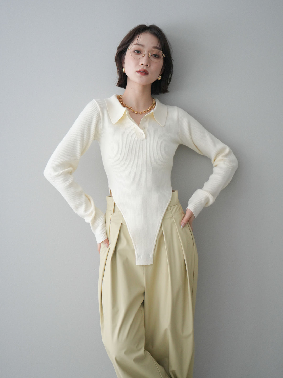 [予約]リブポロニットボディスーツ/ivory