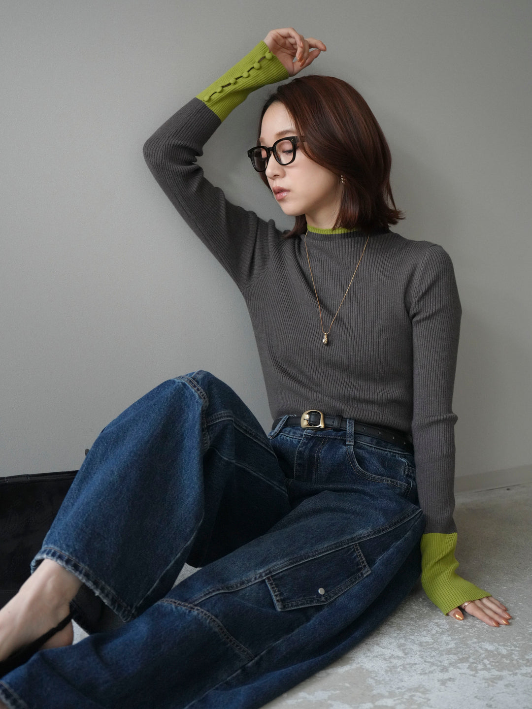 [SET]袖ボタンハイネック配色リブニットトップス+袖ボタンハイネック配色リブニットトップス(2set)