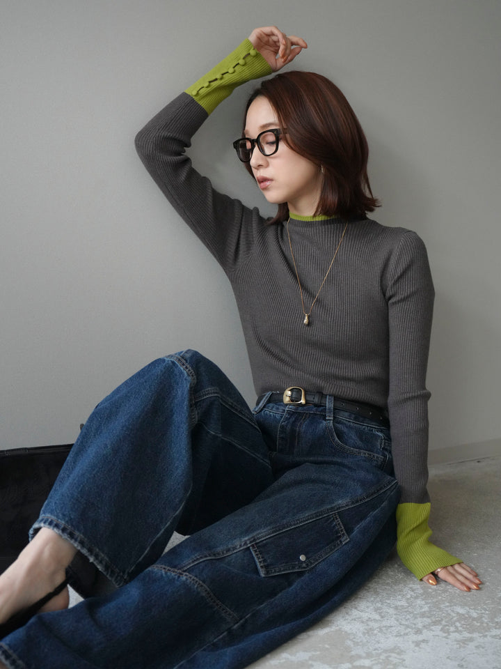 [SET]袖ボタンハイネック配色リブニットトップス+袖ボタンハイネック配色リブニットトップス(2set)