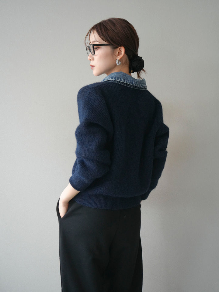 [予約]デニム襟ポケットニットカーディガン/navy