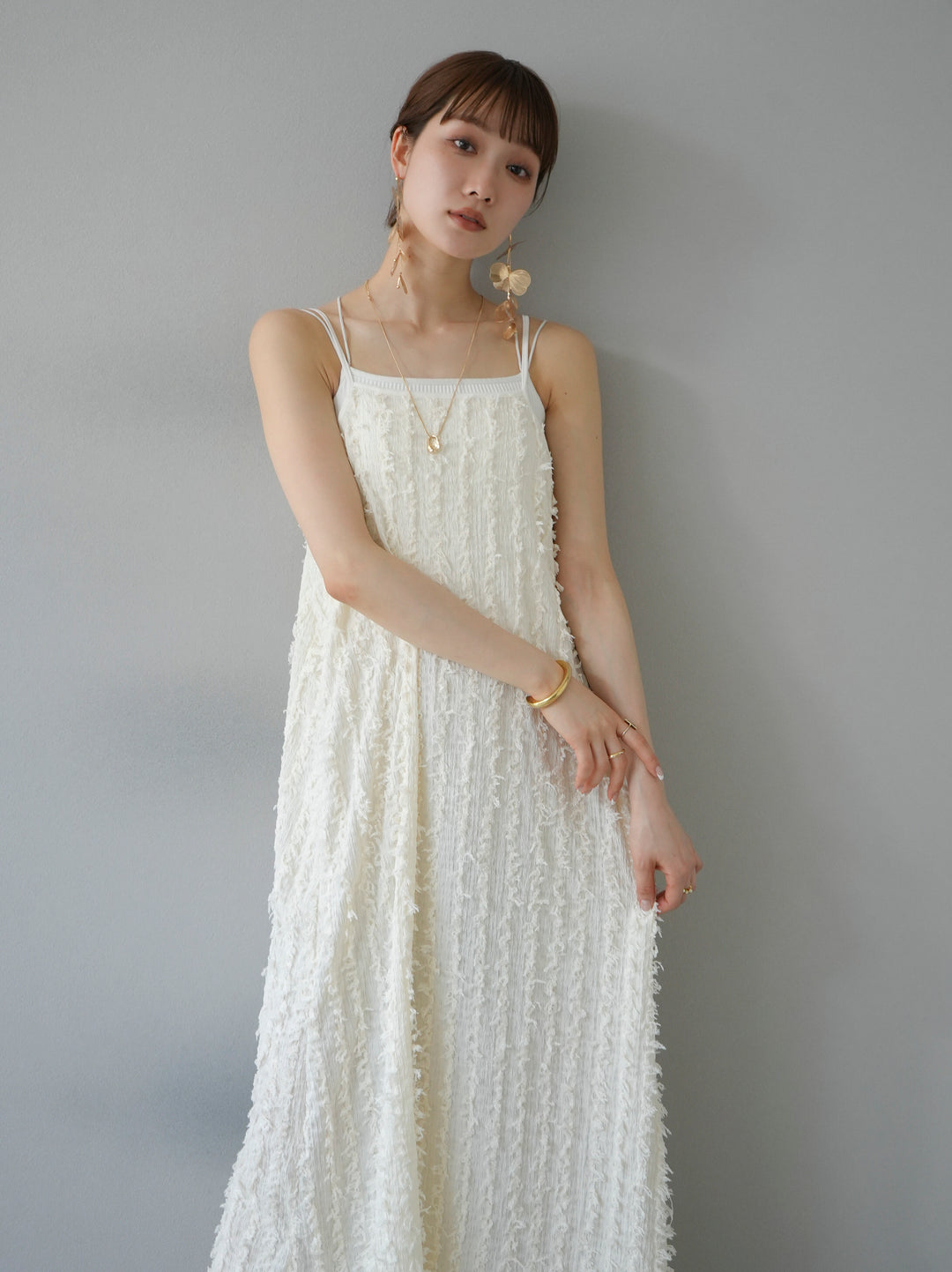[Pre-order] Fringe Jacquard Stretch Cami Dress/Ivory
