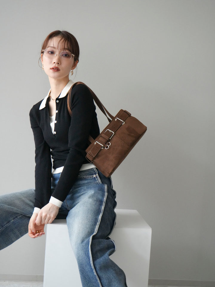 [予約]レイヤード配色ポロニットトップス/black