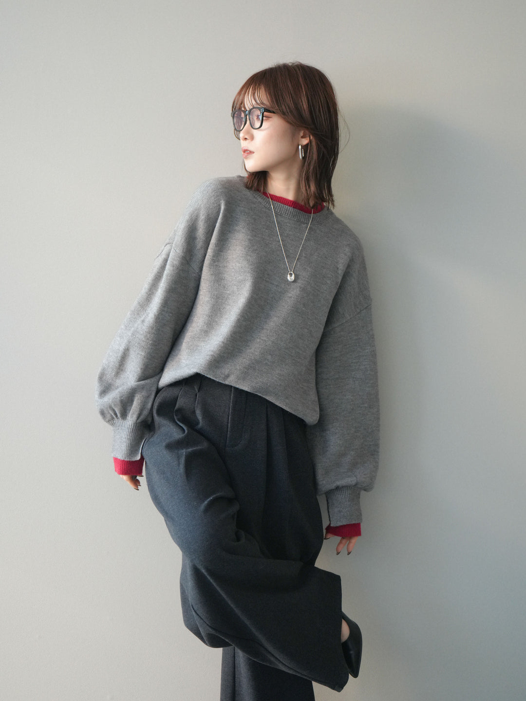 [予約]ヘンリーネック配色レイヤードニットプルオーバー/middlegray