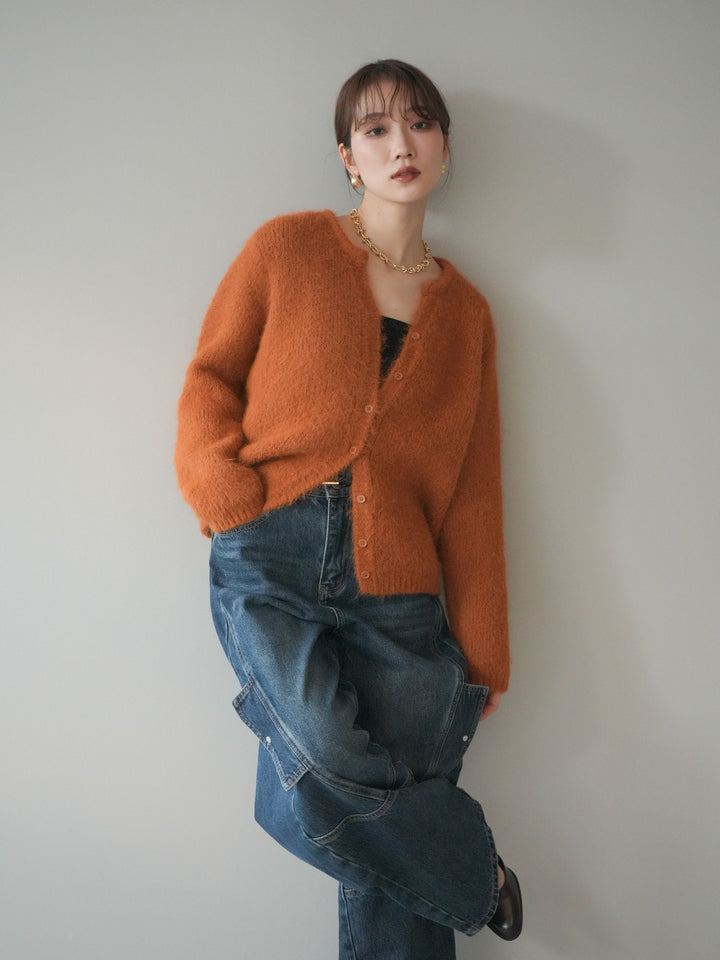 [予約]キーネックシャギーニットカーディガン/camel