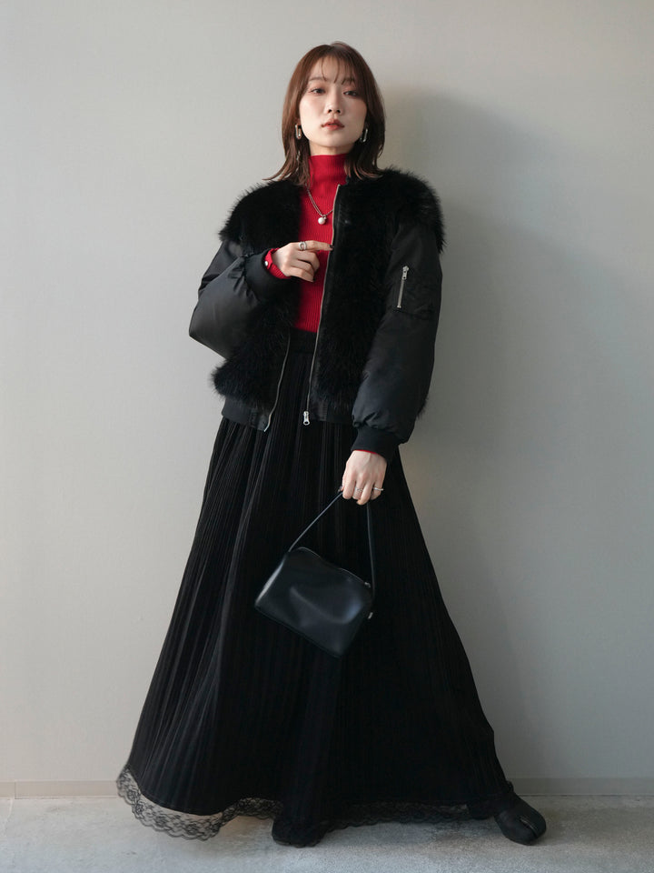 [SET]ファードッキングMA-1+袖ボタンボトルネックリブニットトップス+裾レーススウェードプリーツマキシスカート(3set)