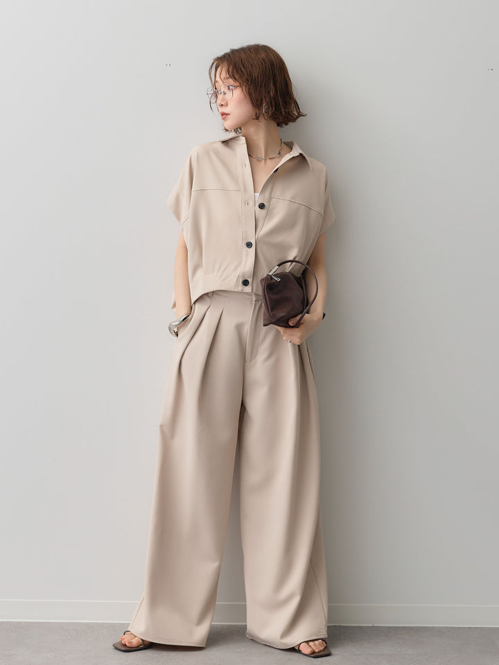 【套裝】縐綢燈籠無袖襯衫 + 縐綢闊腿褲（兩件套）