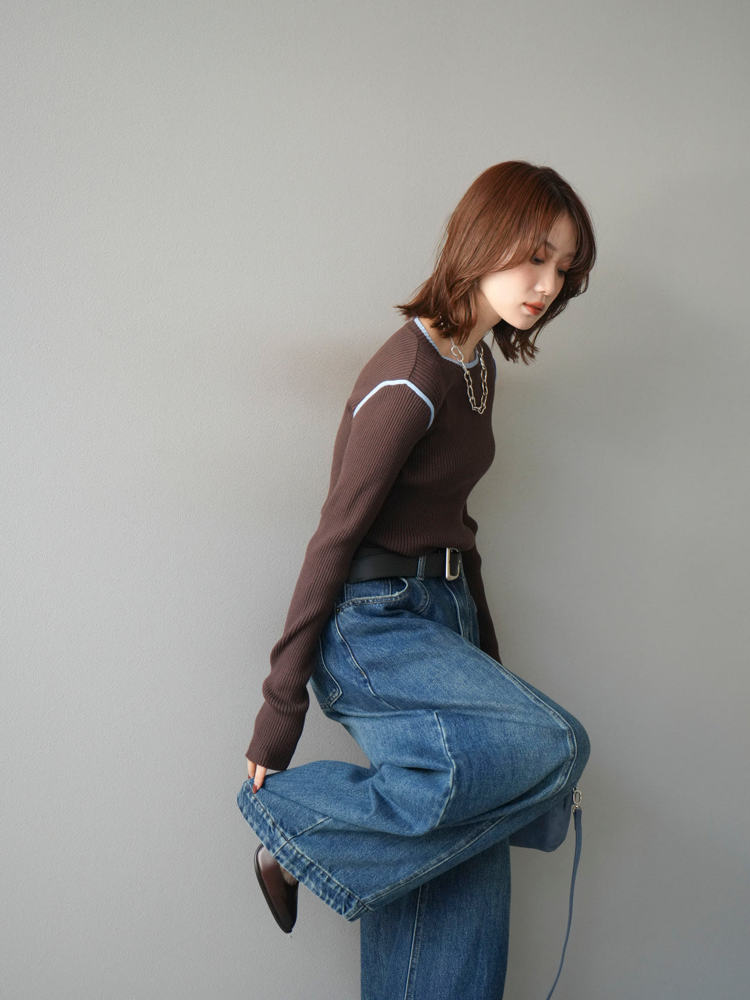 [予約]バイカラークルーネックリブニットトップス/brown