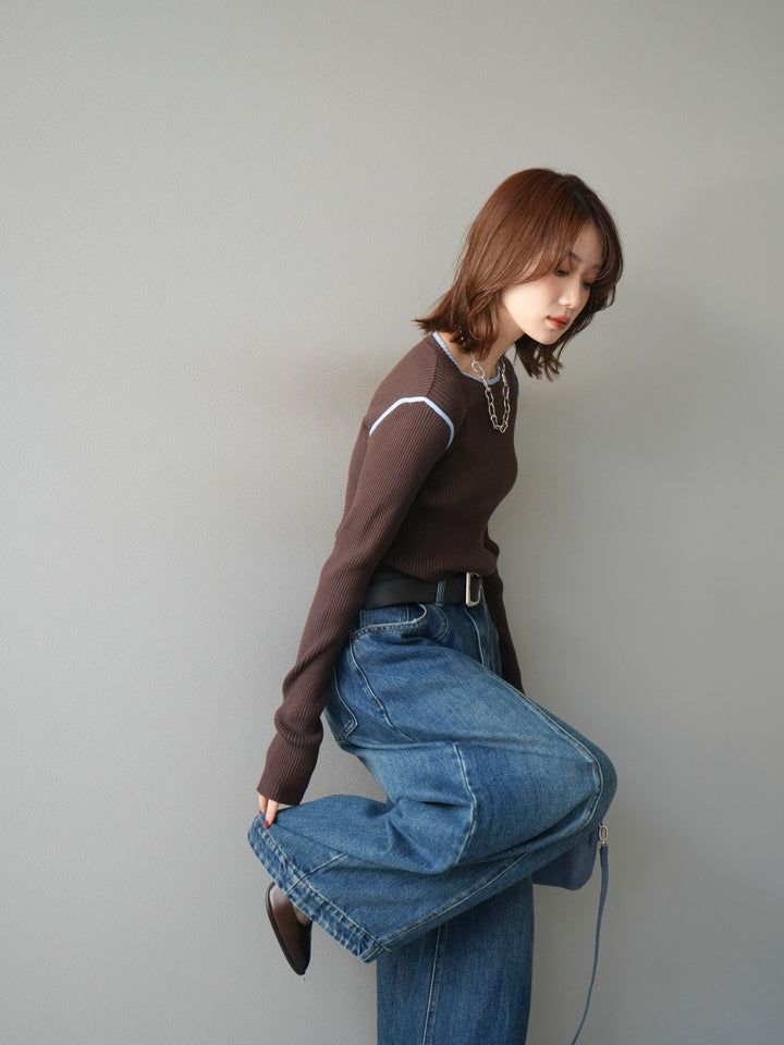 [予約]バイカラークルーネックリブニットトップス/brown