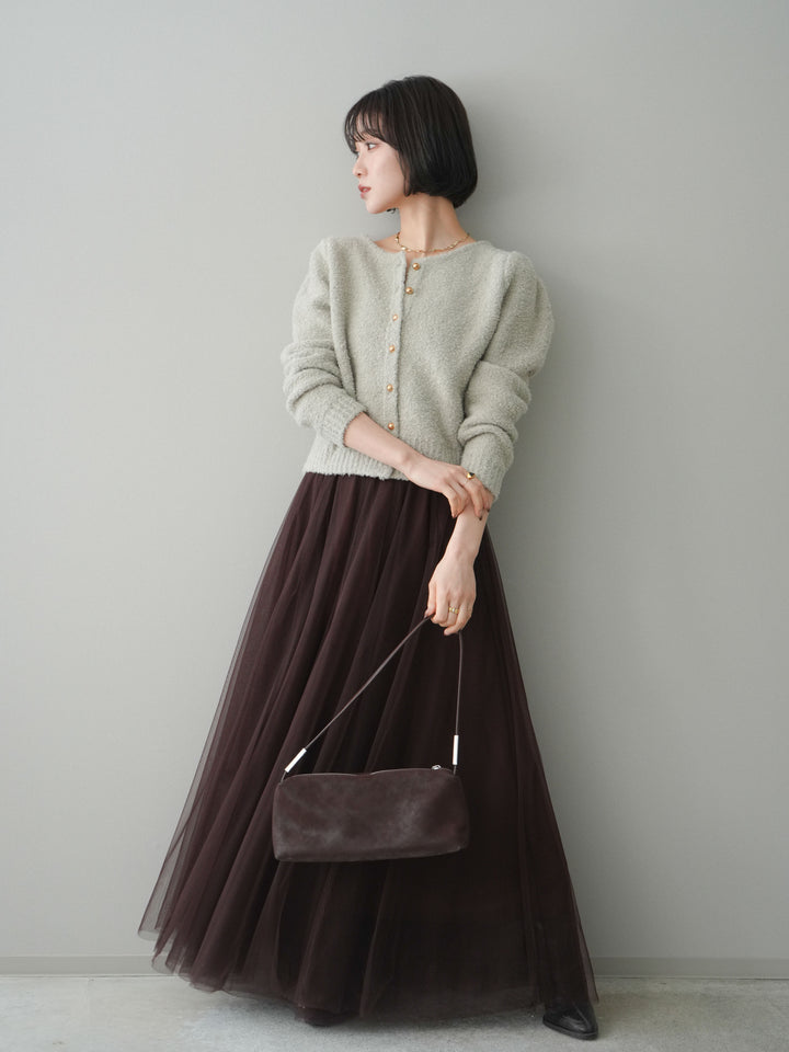 [SET]ゴールドボタンブークレニットカーディガン+チュールボリュームスカート(2set)