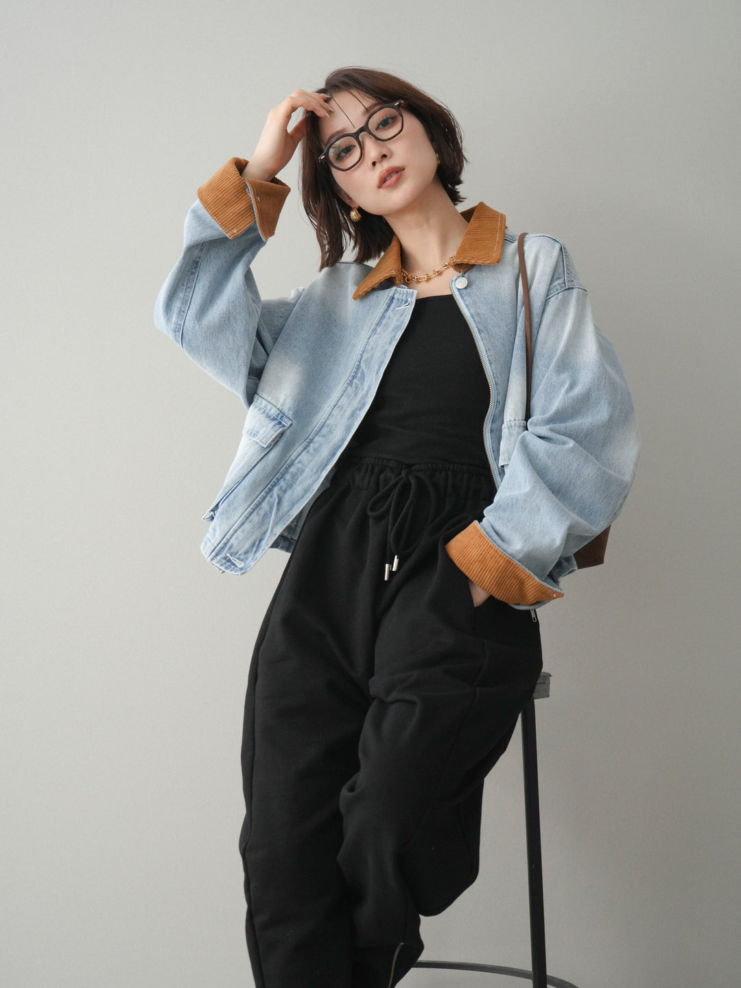 [予約]コーデュロイ×デニムショートカバーオール/bleach