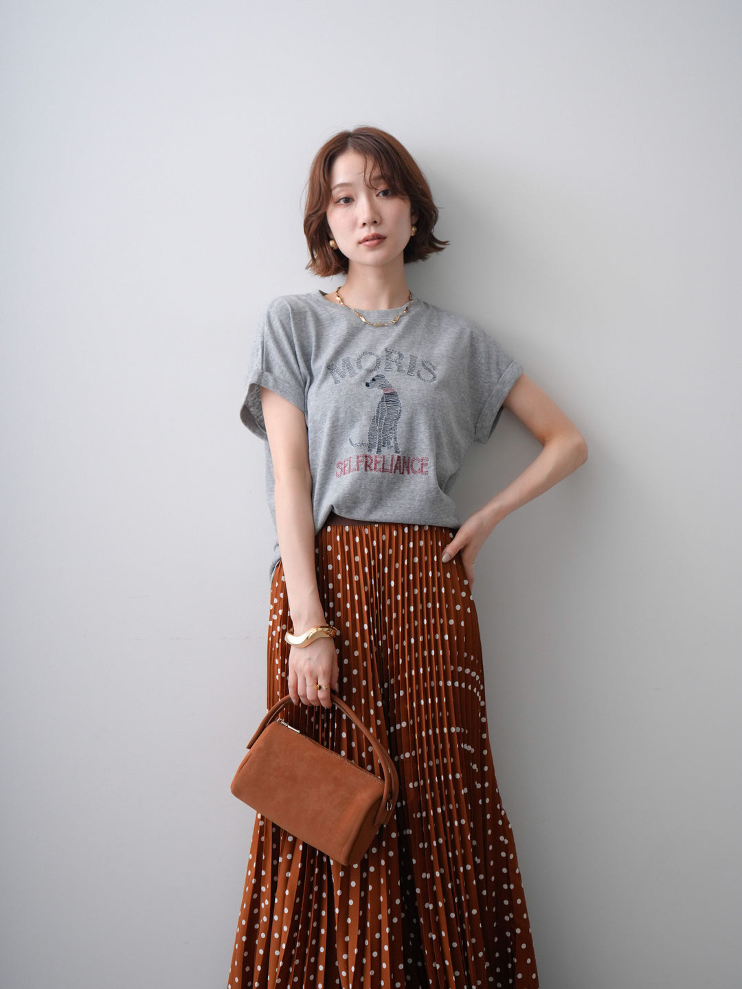 [SET]ドッグエンブロイダリーTEE+ドットアコーディオンプリーツスカート(2set)