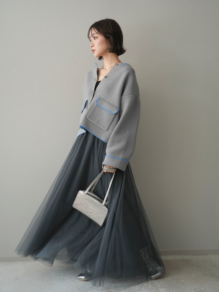 [SET]ポリエステル配色ニットカーディガン+チュールボリュームスカート(2set)