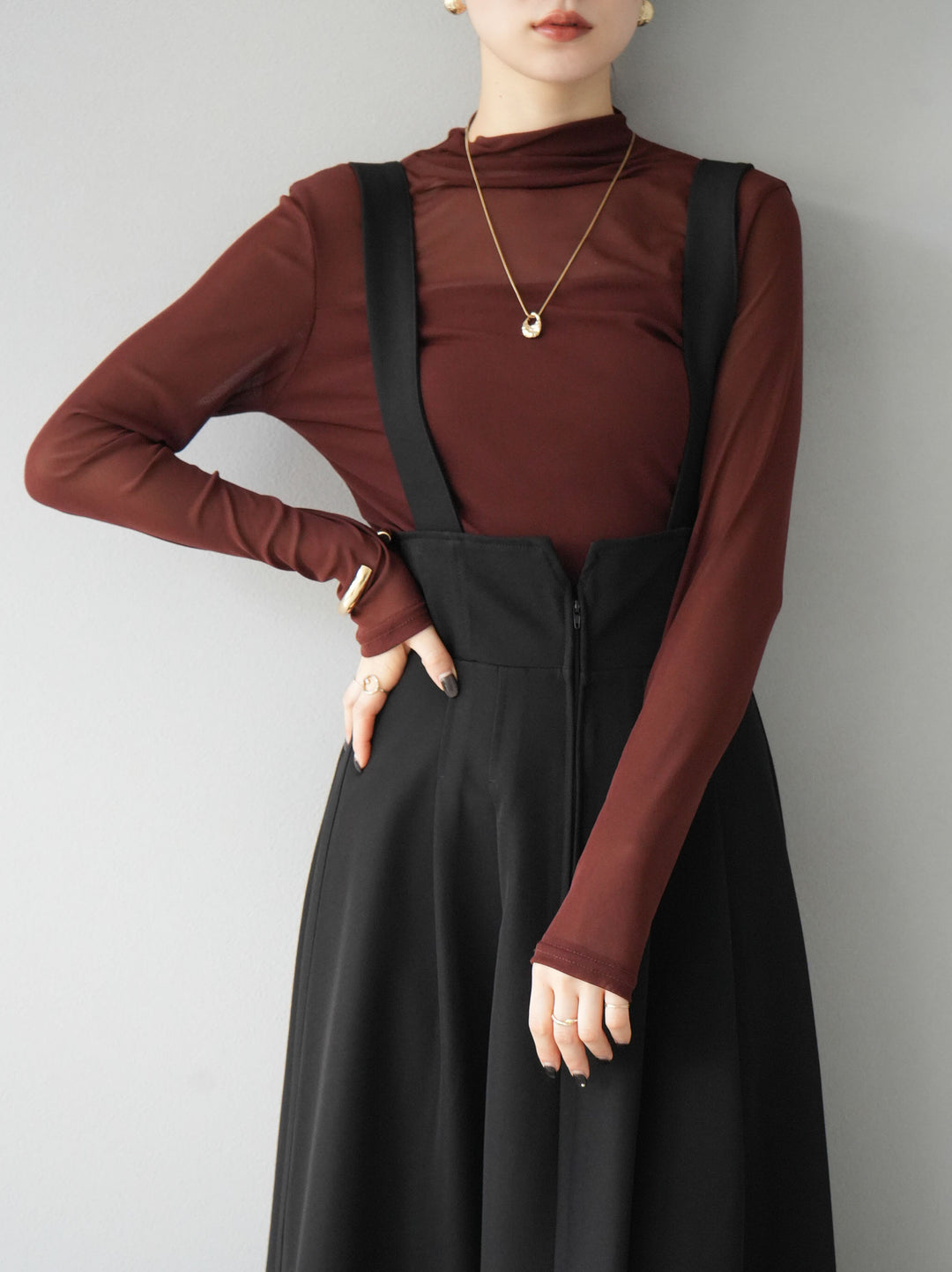 [SET]シアー切替ストレッチ長袖トップス+シアー切替ストレッチトップス(2set)