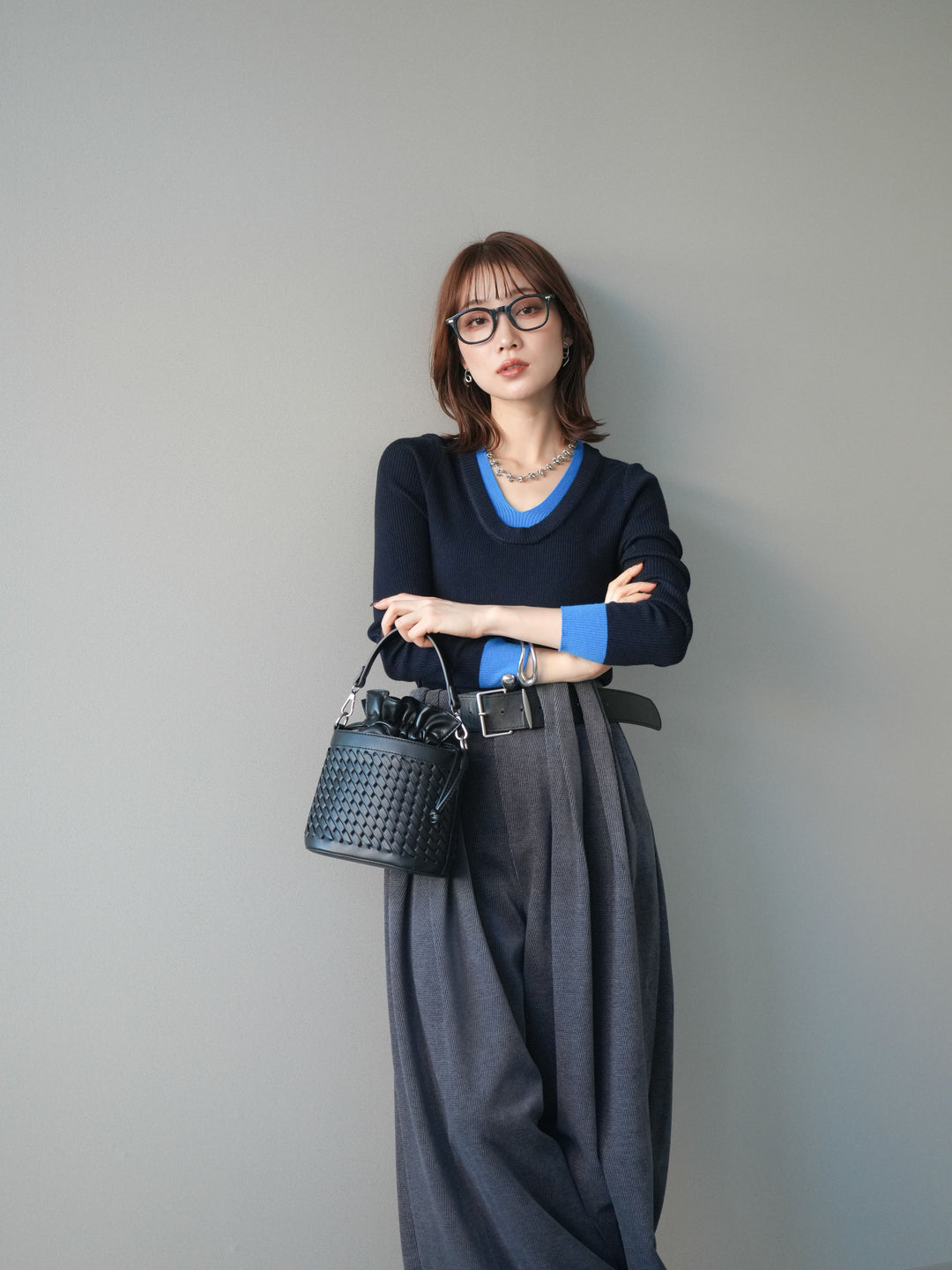 [予約]Uネック配色レイヤードリブニットトップス/black