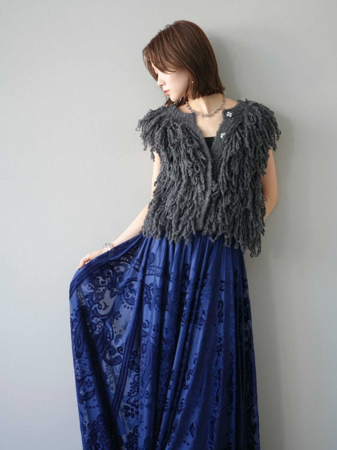 [SET]フリンジループニットベスト+アンティーク柄フロッキーマキシスカート(2set)