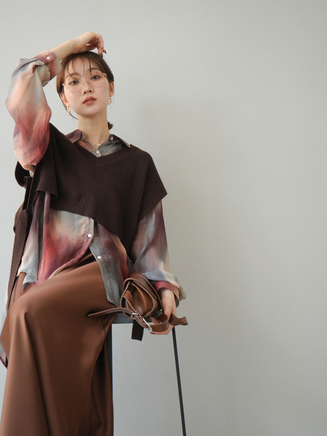 [予約]サイドリボンVネックショートニットベスト/ブラウン