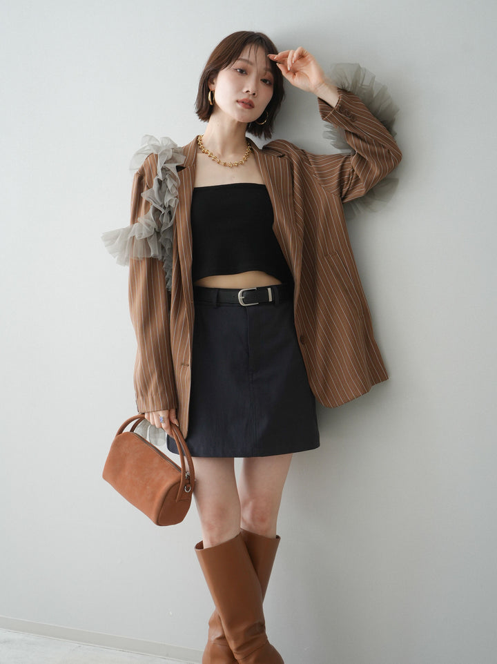 [予約]アシンメトリーチュールストライプジャケット/goldbrown
