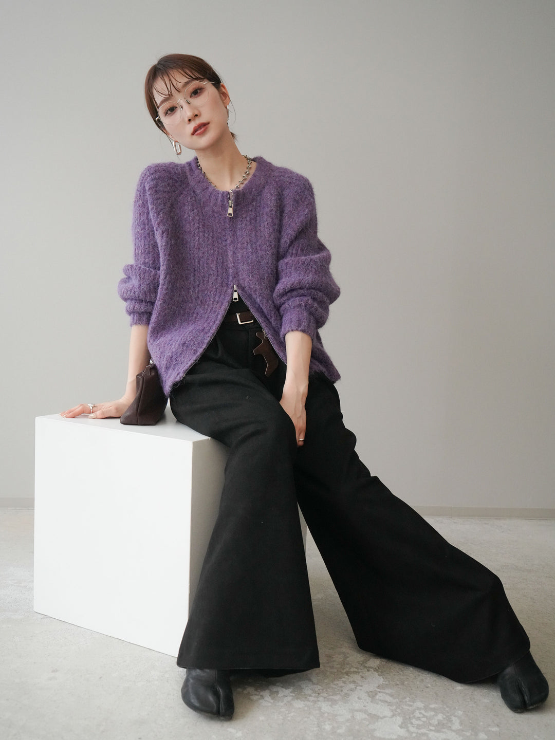 [予約]MIXヤーンモヘアタッチZIPニットカーディガン/purple