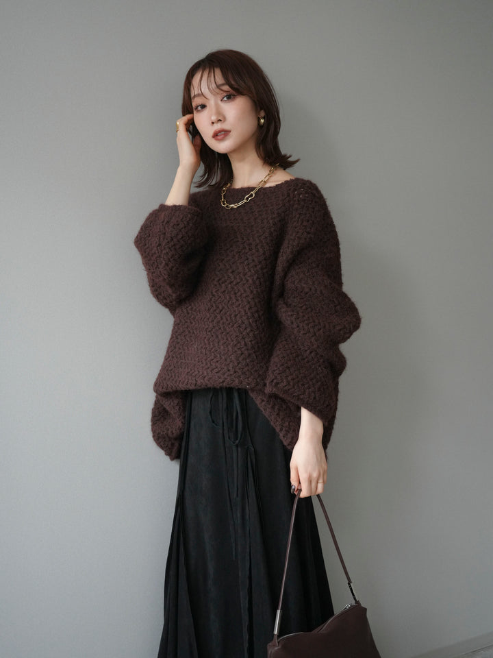 [予約]ワッフル編みオーバーニットプルオーバー/brown