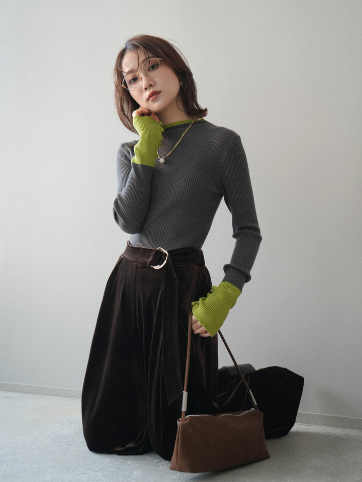 [SET]袖ボタンハイネック配色リブニットトップス+ベロアベルトスリムパンツ(2set)