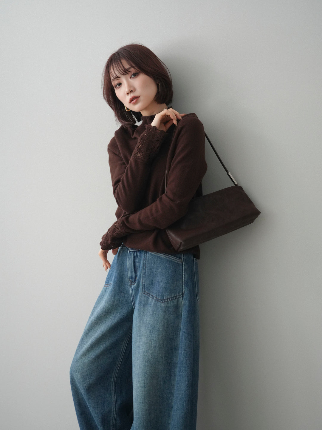 [SET]袖スカラップレースフロントボタンウールニットトップス+選べるアクセセット(2set)