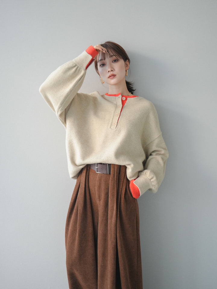 [予約]ヘンリーネック配色レイヤードニットプルオーバー/beige